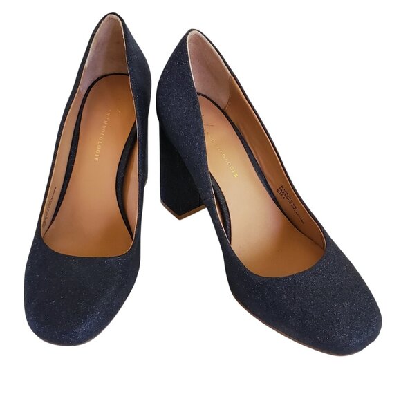 ANTHROPOLOGIE Pump Heels Shoes 3.5" Women's 8M US Blue Glitter Block Heel - Picture 1 of 12